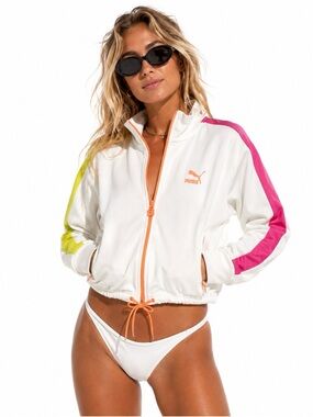 Puma White Swim Bikini Cover-Up Jacket with Pink & Lime Stripes